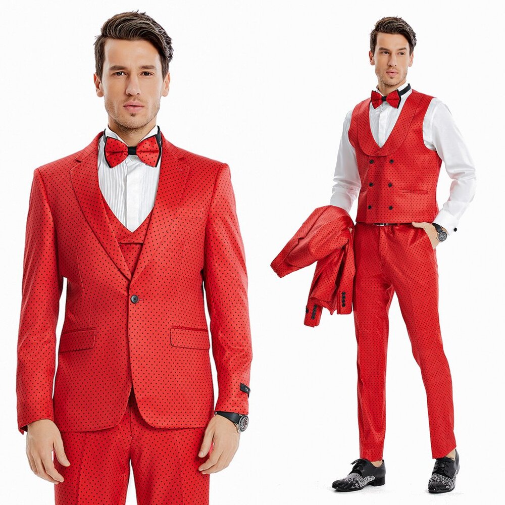 Red w/ Black Polka Dots Mens Skinny Fit Suit by Tazio